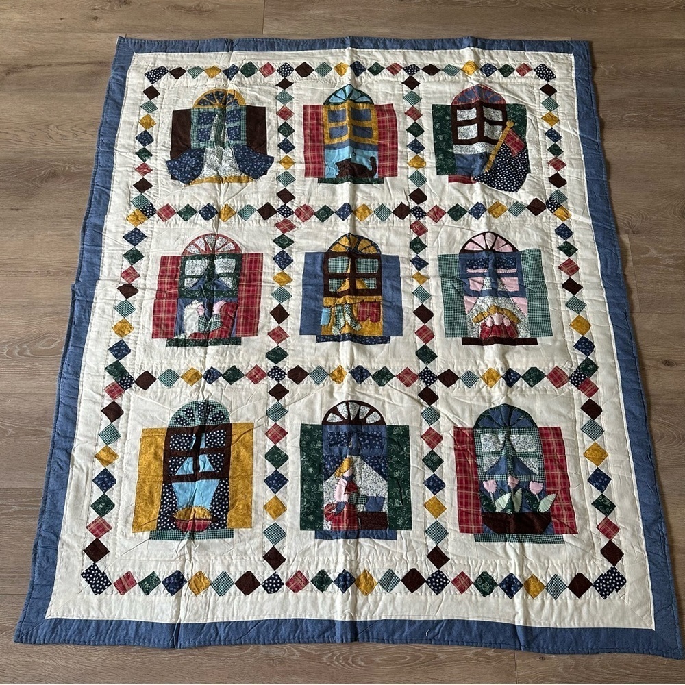 Vintage Blue, Red, Yellow & Green Window Patchwork Quilt